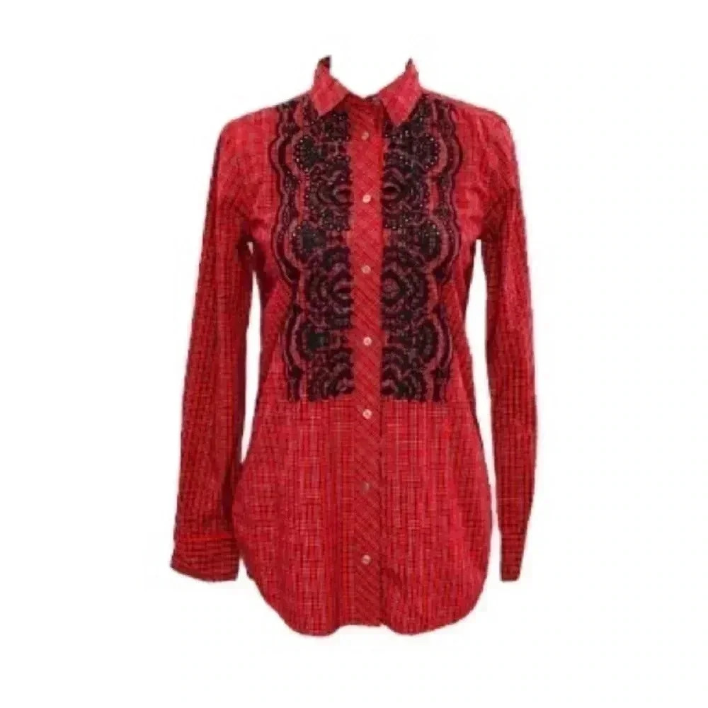 J. Crew Women's Long Sleeve Plaid Embellished Cotton Button-Down Shirt Size 0